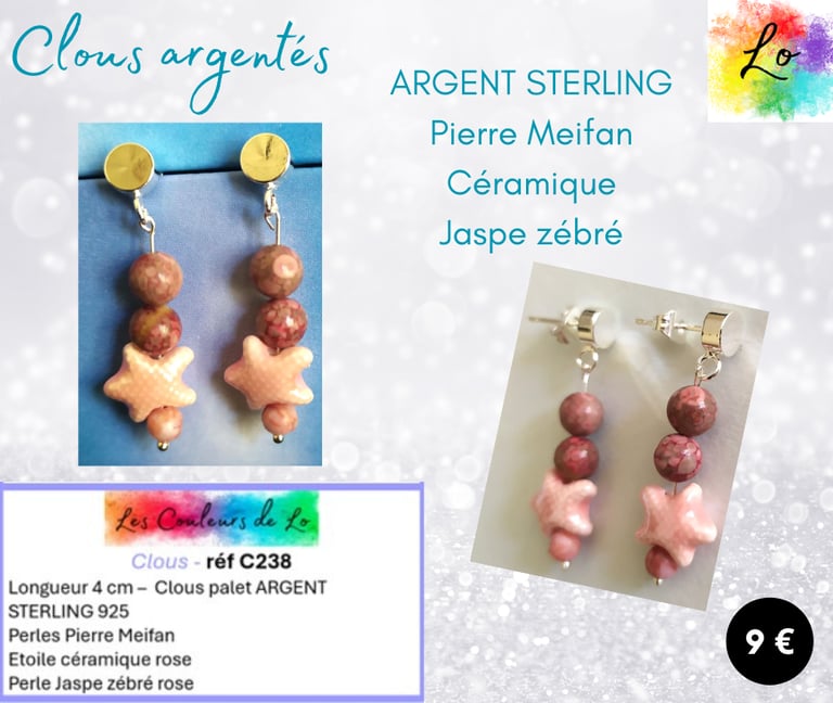 Boucles clous Argent 925 Pierre Meifan étoile céramique rose Jaspe zébré rose Les Couleurs de Lo