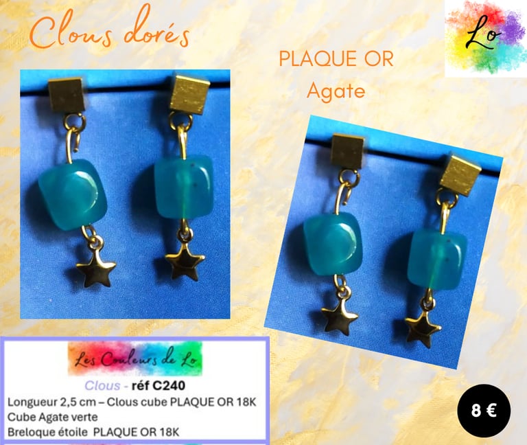 Boucles clous Plaqué or Agate verte étoile Plaqué or Les Couleurs de Lo