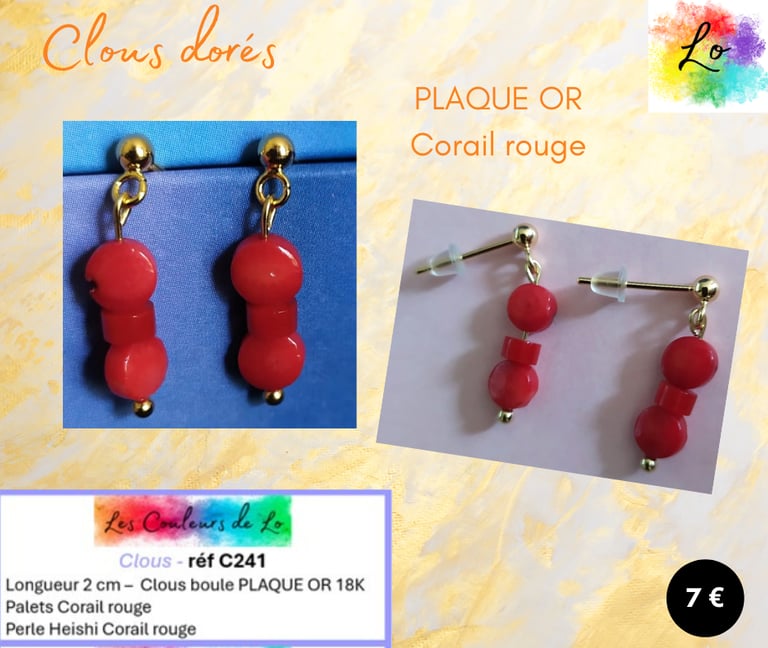 Boucles clous Plaqué or Corail rouge Les Couleurs de Lo