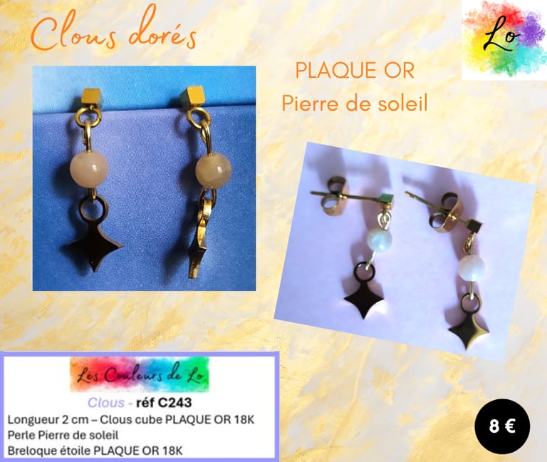 Boucles clous Plaqué or Pierre de soleil étoile Plaqué or Les Couleurs de Lo