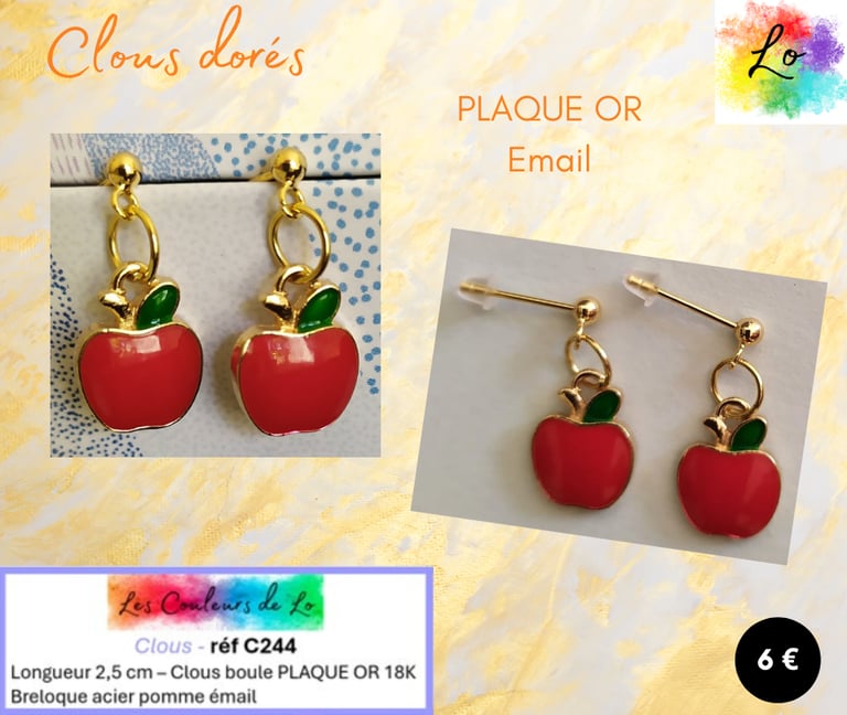 Boucles clous Plaqué or pomme émail rouge Les Couleurs de Lo