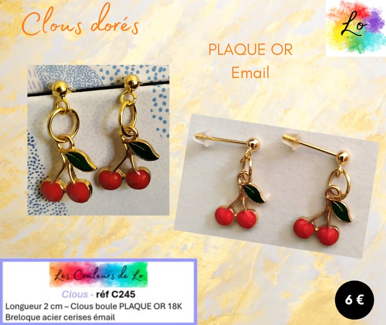 Boucles clous Plaqué or cerises émail rouge Les Couleurs de Lo
