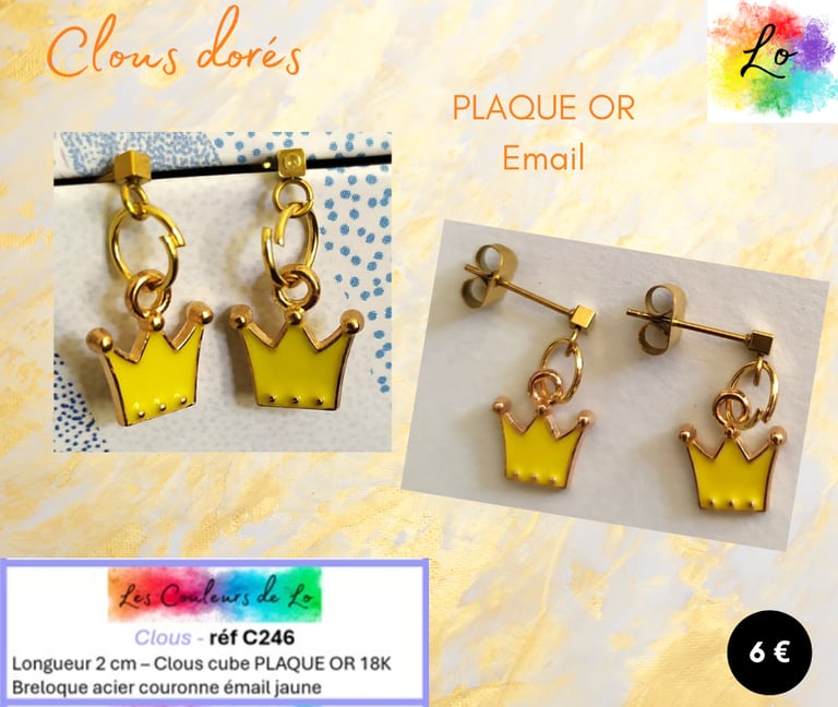 Boucles clous Plaqué or couronne émail jaune Les Couleurs de Lo