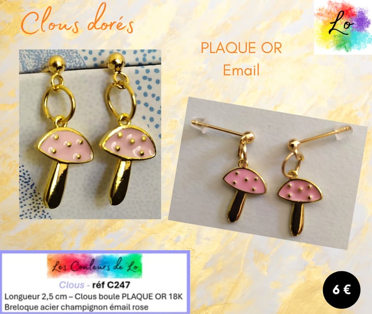 Boucles clous Plaqué or champignon émail rose Les Couleurs de Lo