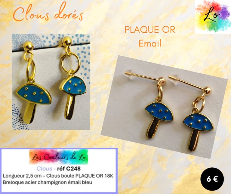 Boucles clous Plaqué or champignon émail bleu Les Couleurs de Lo
