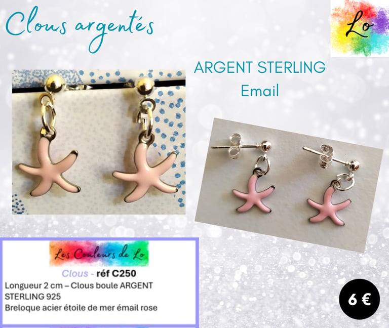 Boucles clous Argent 925 étoile de mer émail rose Les Couleurs de Lo
