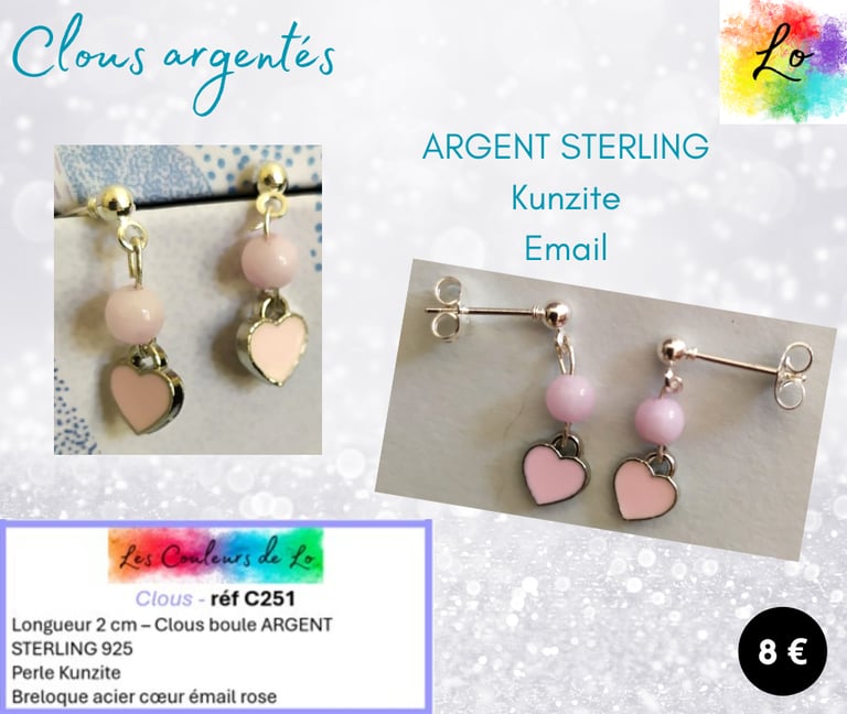 Boucles clous Argent 925 Kunzite cœur émail rose Les Couleurs de Lo
