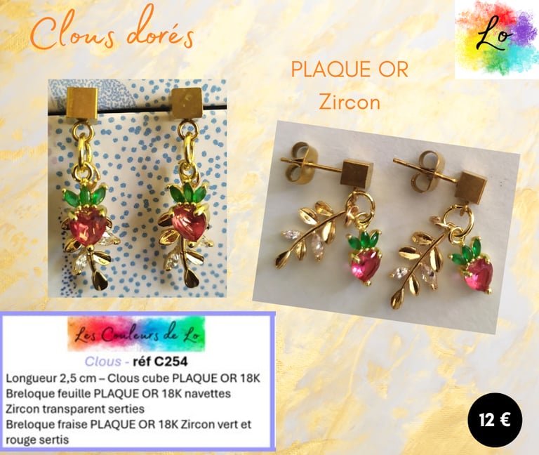 Boucles clous Plaqué or feuille fraise Plaqué or Zircon Les Couleurs de Lo