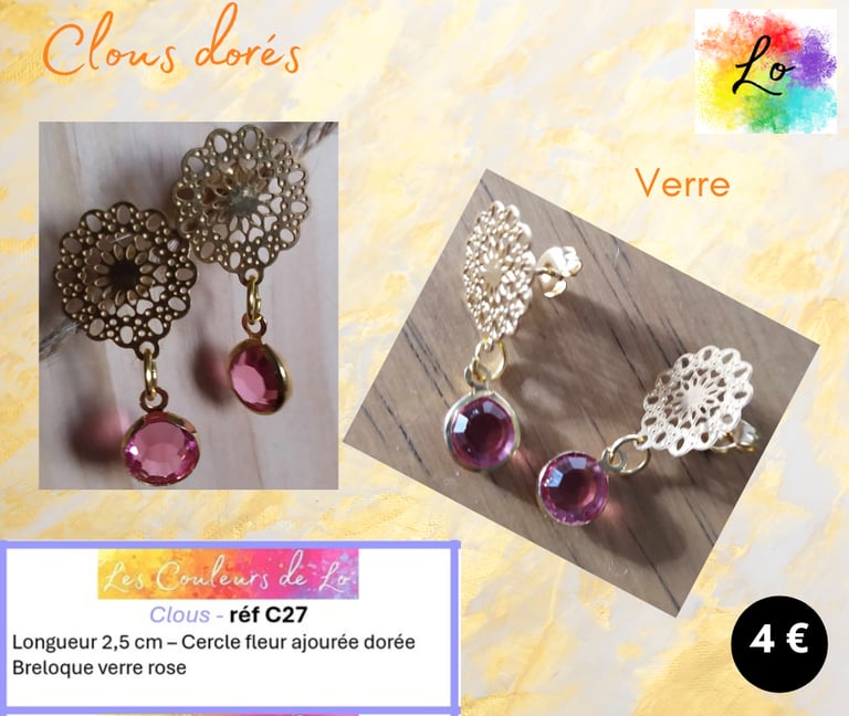 Boucles clous dorés fleur métal strass verre rose Les Couleurs de Lo