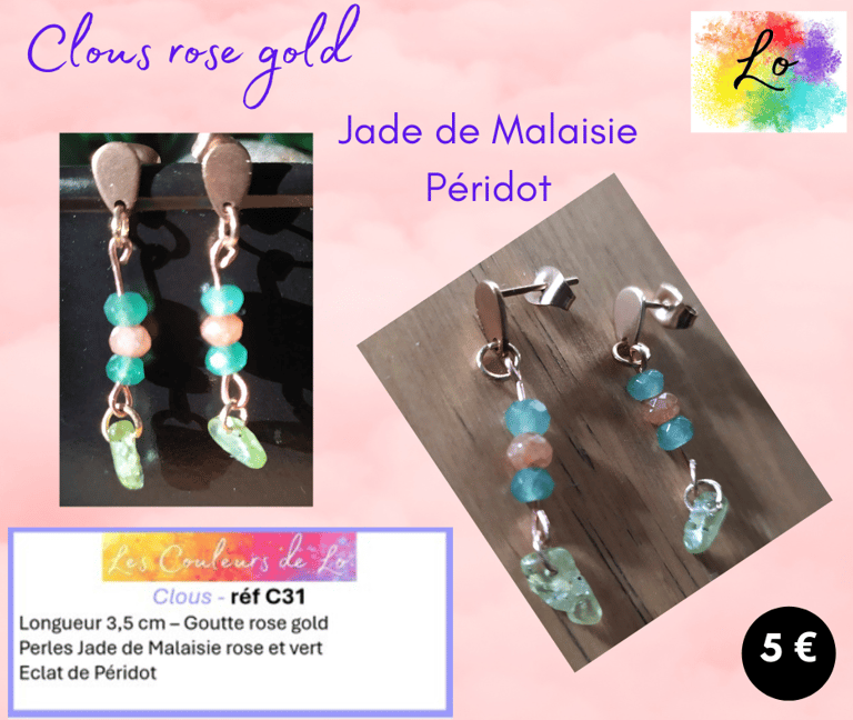 Boucles clous rose gold Jade de Malaisie Péridot Les Couleurs de Lo