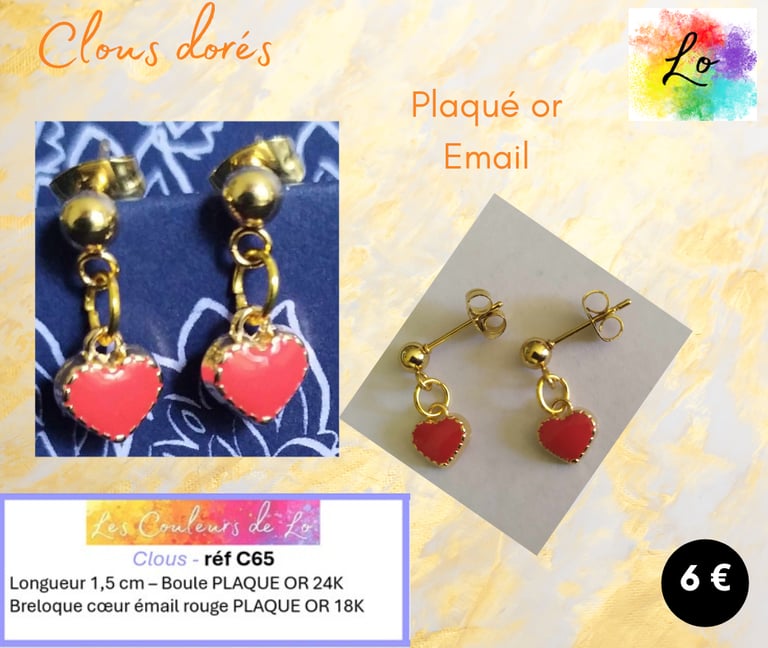 Boucles clous Plaqué or cœur émail rouge Les Couleurs de Lo