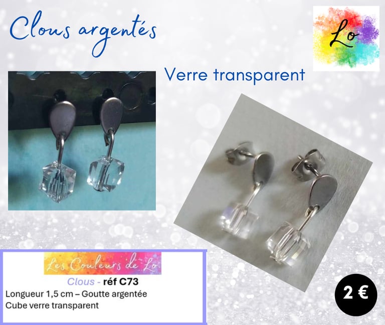 Boucles clous argentés verre transparent Les Couleurs de Lo