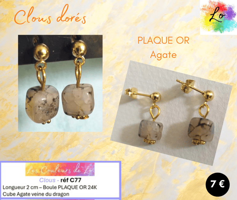Clous d'oreille Plaqué or Agate veine de dragon Les Couleurs de Lo