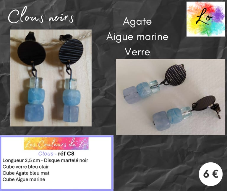 Boucles clous noirs Agate Aigue marine verre bleu Les Couleurs de Lo