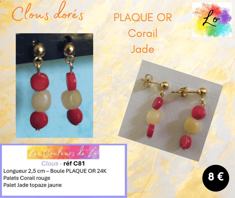 Boucles clous Plaqué or Corail Jade Les Couleurs de Lo