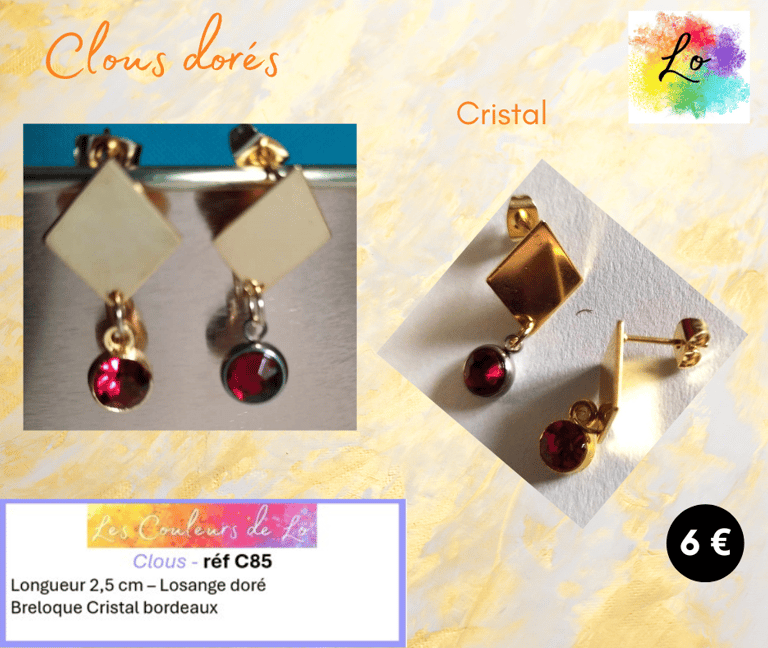 Boucles clous dorés losange acier strass cristal rouge Les Couleurs de Lo