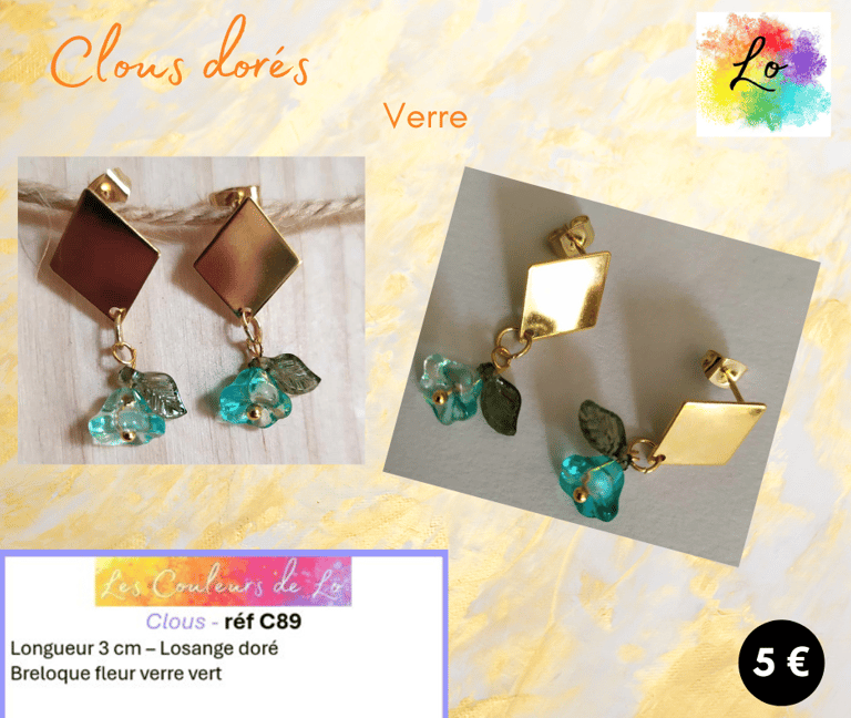 Boucles clous dorés losange acier fleur verre vert Les Couleurs de Lo
