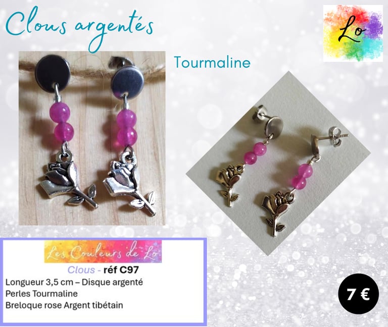 Boucles clous argentés Tourmaline fleur Argent tibétain Les Couleurs de Lo