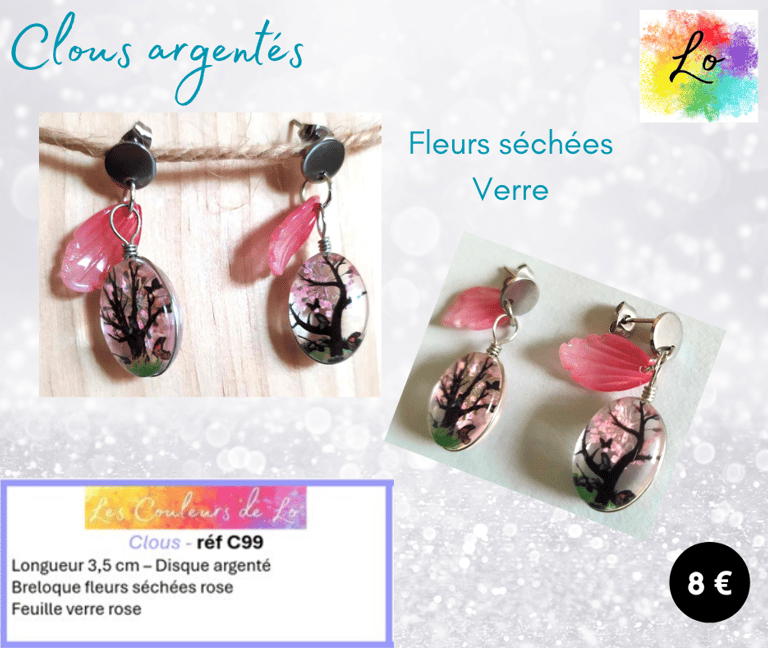 Boucles clous argentés disque acier fleurs séchées rose feuille verre rose Les Couleurs de Lo