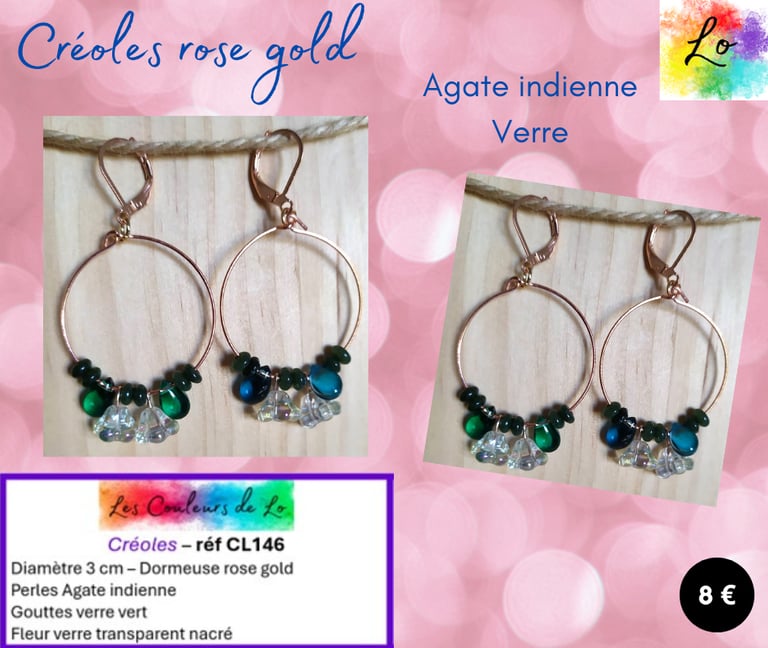 Créoles rose gold 3 cm Agate indienne verre Les Couleurs de Lo