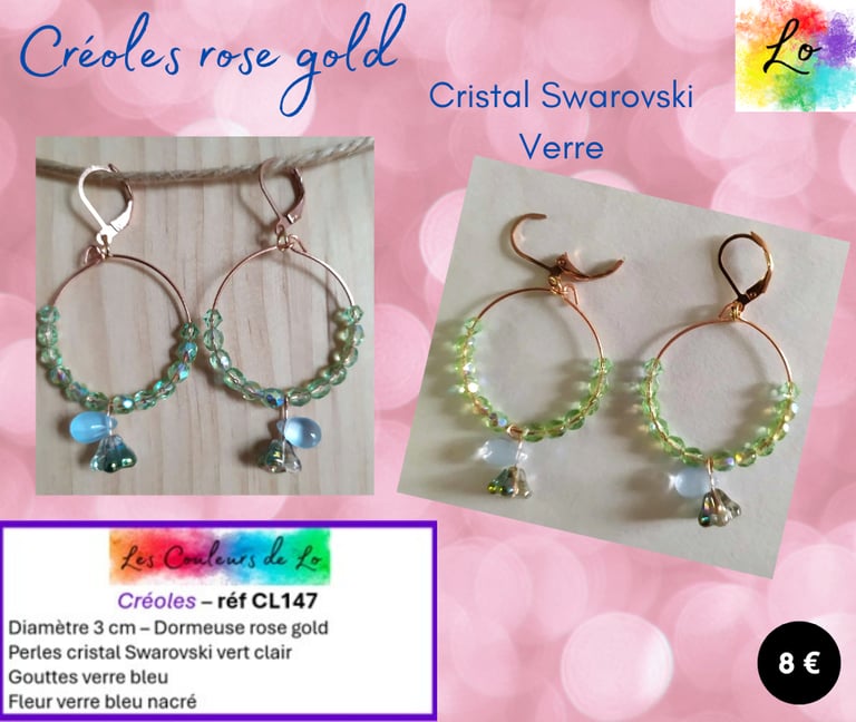 Créoles rose gold 3 cm cristal Swarovski verre Les Couleurs de Lo
