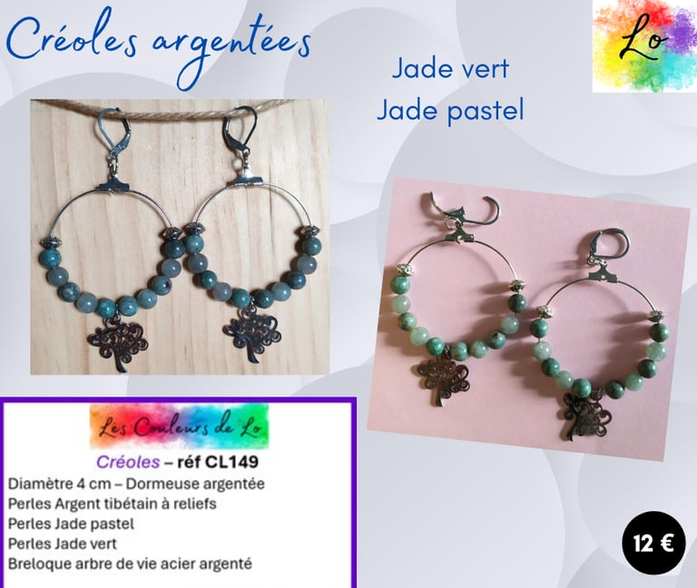 Créoles argentées 4 cm Jade vert Jade pastel arbre de vie Les Couleurs de Lo