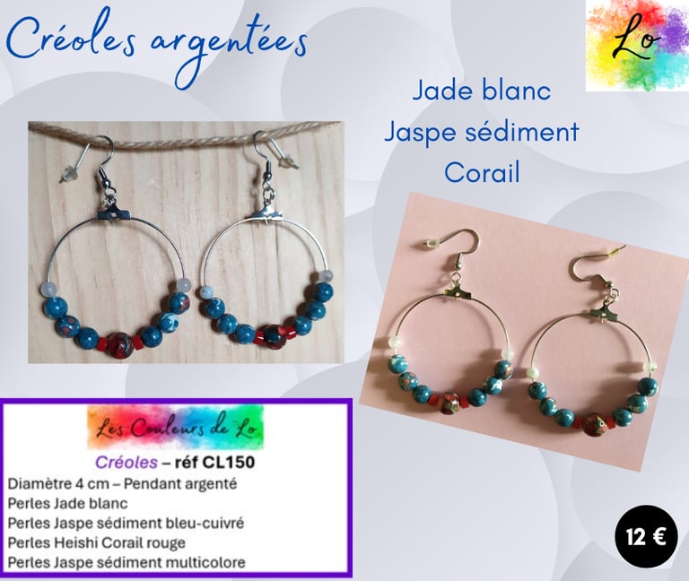 Créoles argentées 4 cm Jade blanc Jaspe sédiment Corail rouge Les Couleurs de Lo