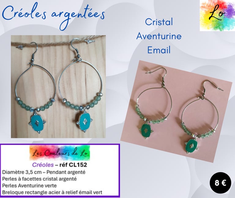 Créoles argentées 3,5 cm Aventurine verte breloque émail vert Les Couleurs de Lo