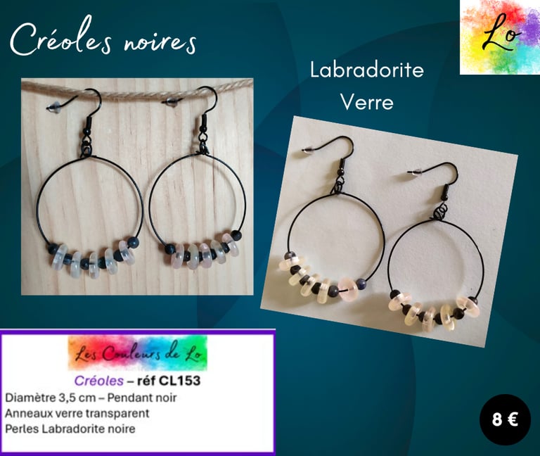 Créoles noires 3,5 cm Labradorite noire verre transparent Les Couleurs de Lo