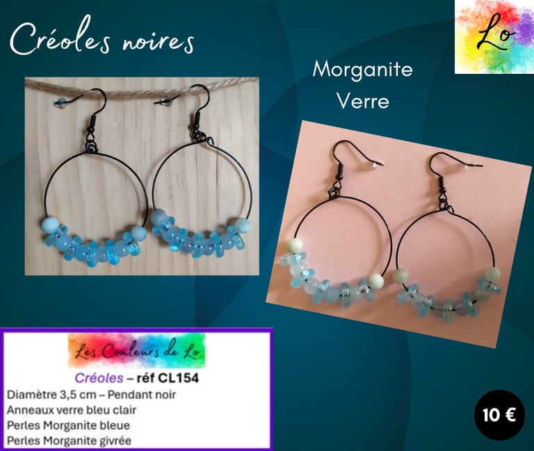 Créoles noires 3,5 cm Morganite verre bleu clair Les Couleurs de Lo