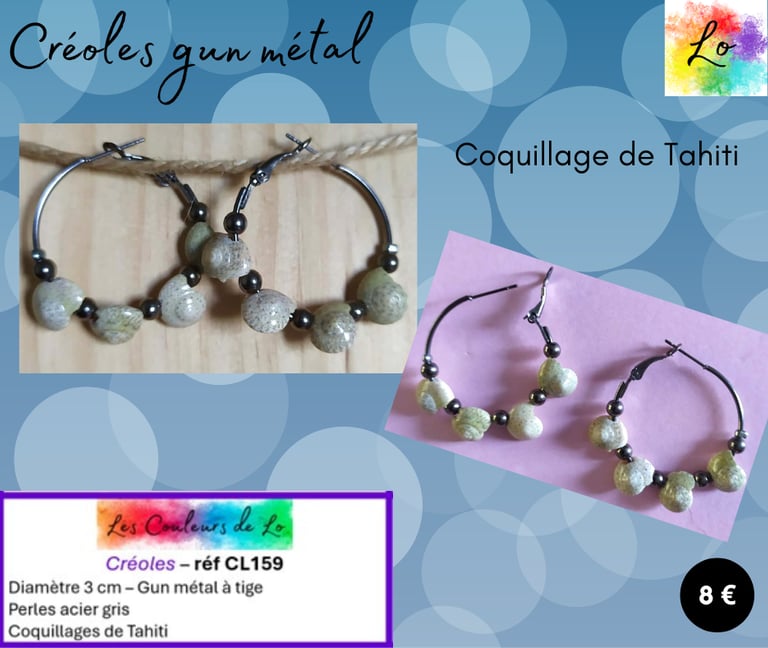 Créoles gun métal 3 cm coquillages de Tahiti Les Couleurs de Lo