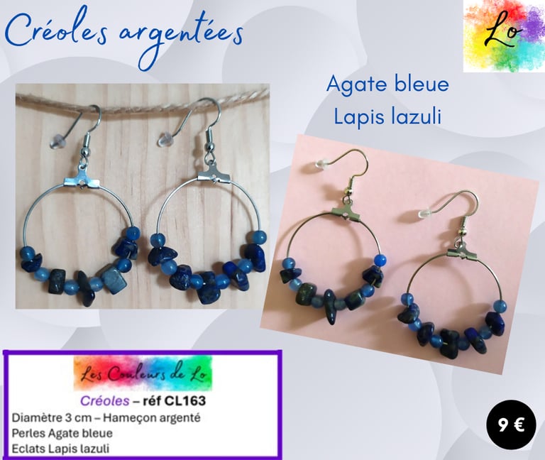 Créoles argentées 3 cm Agate bleue Lapis lazuli Les Couleurs de Lo