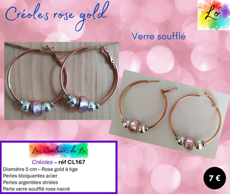 Créoles rose gold 5 cm acier strié verre soufflé rose nacré Les Couleurs de Lo