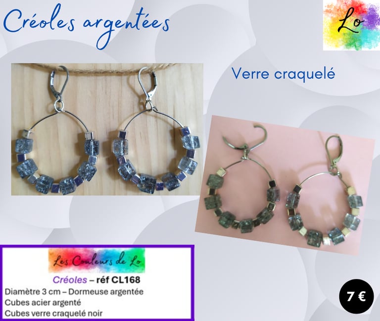 Créoles argentées 3 cm cubes acier cubes verre craquelé noir Les Couleurs de Lo