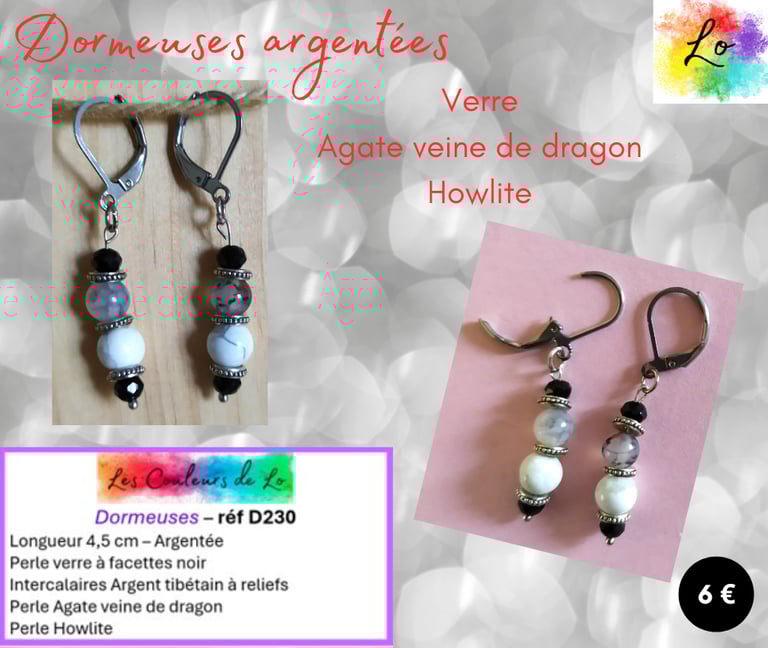 Boucles dormeuses argentées verre Agate Howlite Les Couleurs de Lo