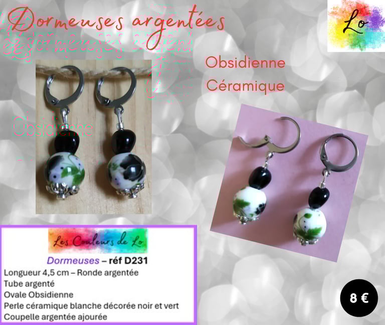 Boucles dormeuses argentées Obsidienne céramique décorée Les Couleurs de Lo