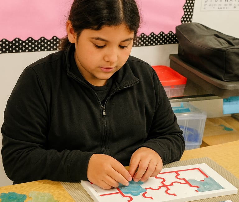 blind student interacts with a tactile puzzle, spatial orientation, O&M, Braille
