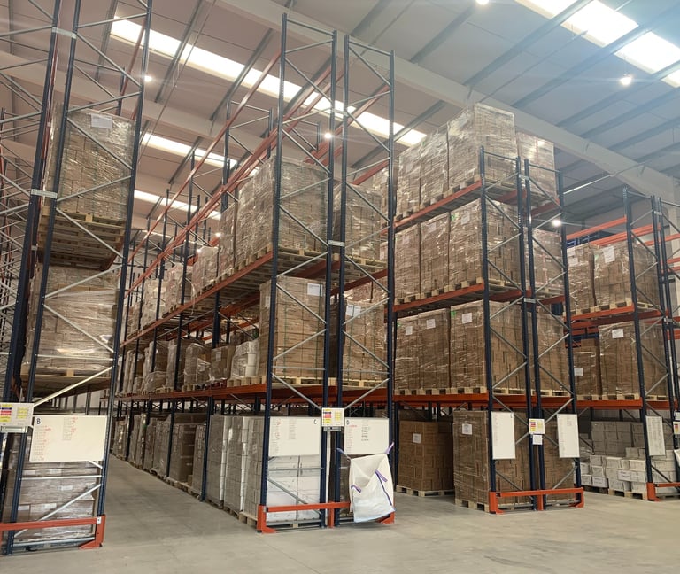 tall pallet racking in narrow aisle configuration with rack end protectors  