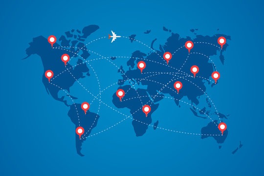 a map of the world with a plane flying over it