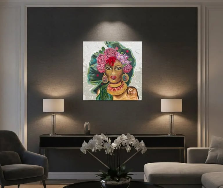 Portrait Awa sous la canopée, collection Portraits Hybrides, femme aux fleurs roses et rouges.