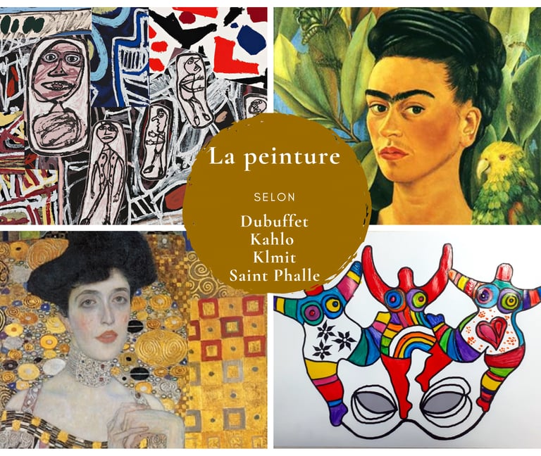 Visuel de post présentant 4 œuvres des artiste DUBUFFET KAHLO KLIMT SAINTPHALLE