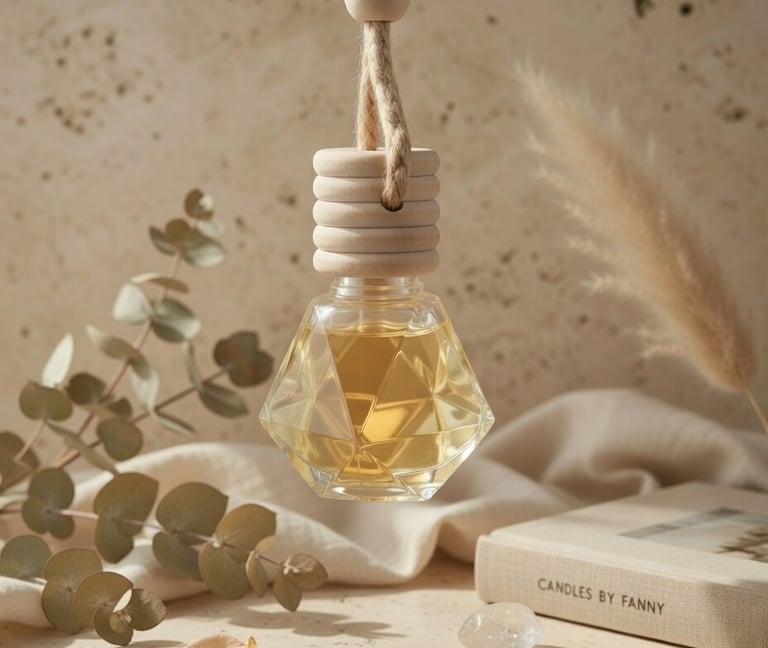 Diamond glass hanging car air freshener with wooden lid near eucalyptus and pampas grass.