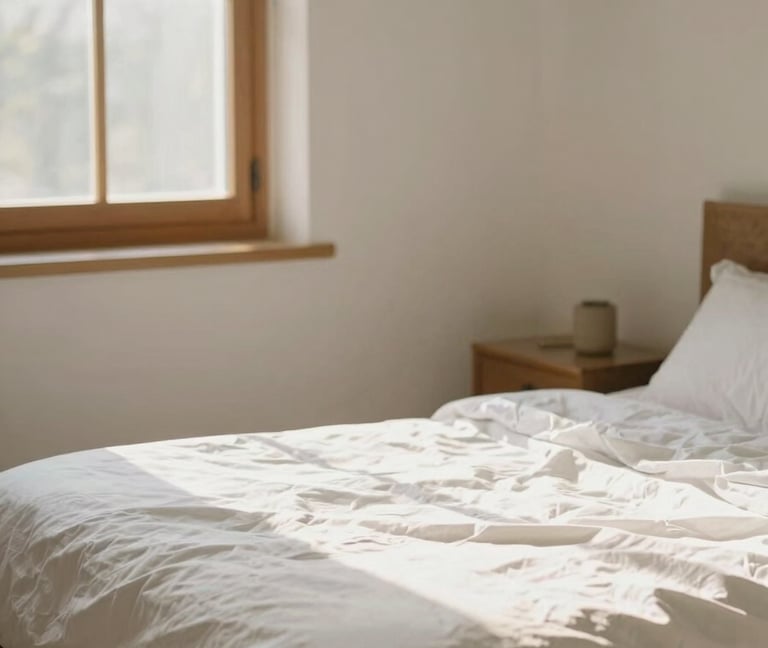 A bright, sunlit bedroom with a neatly made bed, fresh clean linens, warm natural light streaming through a window, 35mm lens.