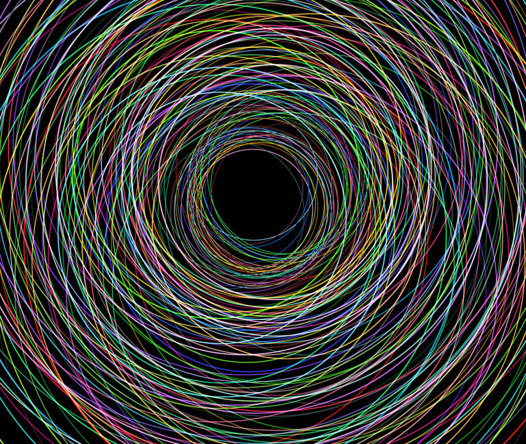 Abstract digital art of vibrant colorful concentric circles forming a neon tunnel on a black background.