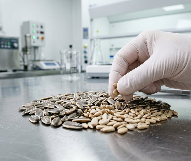 A gloved hand inspecting sunflower seeds in a food science laboratory for quality control testing.