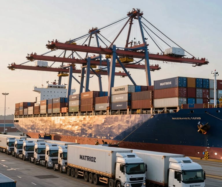 A large cargo ship being loaded by gantry cranes at a busy maritime shipping port with transport trucks.