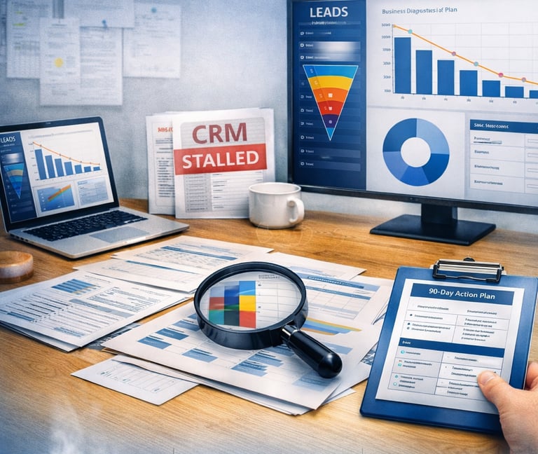 A “CRM STALLED” report and a 90‑Day Action Plan clipboard, representing insight and resolution