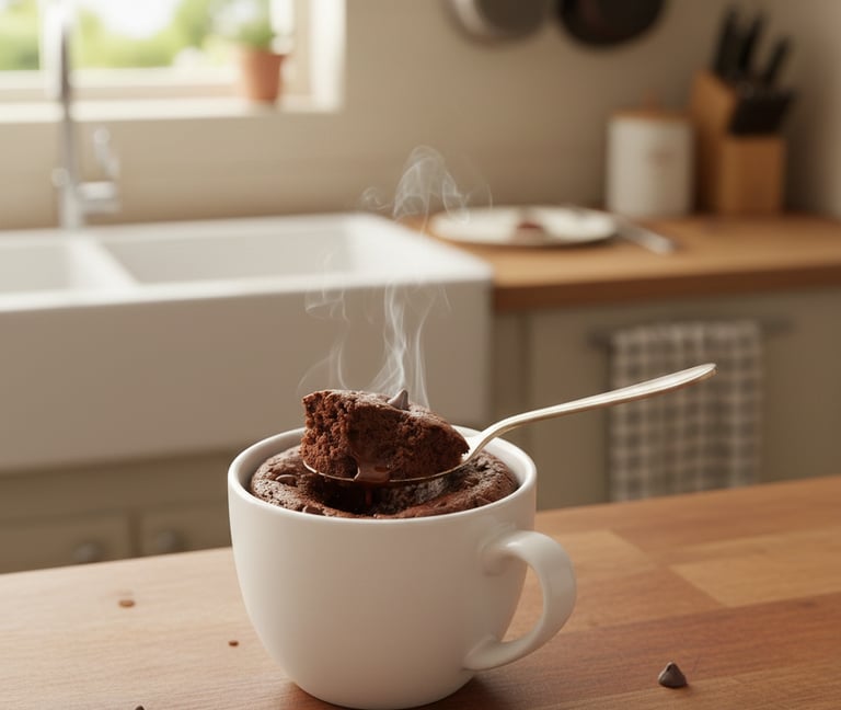 Chocolate mug cake in white mug