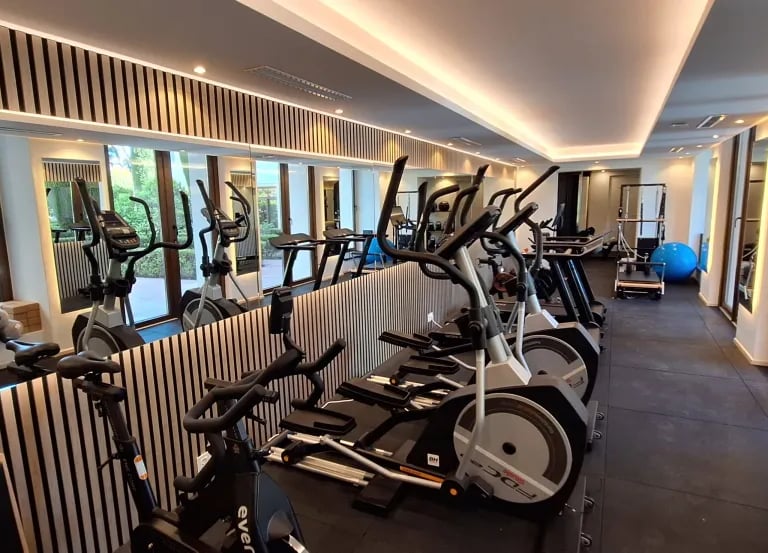 Modern gym at Villa El Rincon with garden views