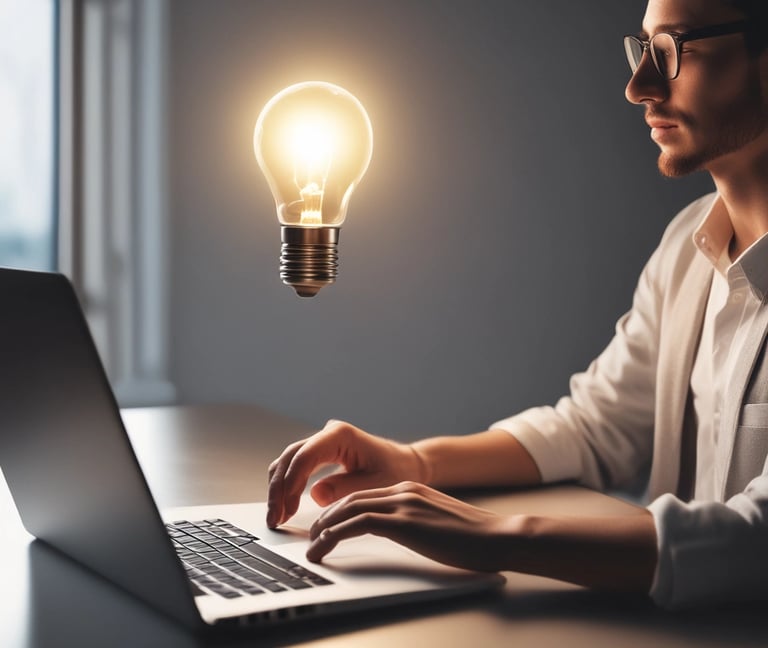 A creative professional using a laptop with a glowing light bulb floating above, symbolizing a bright business idea.